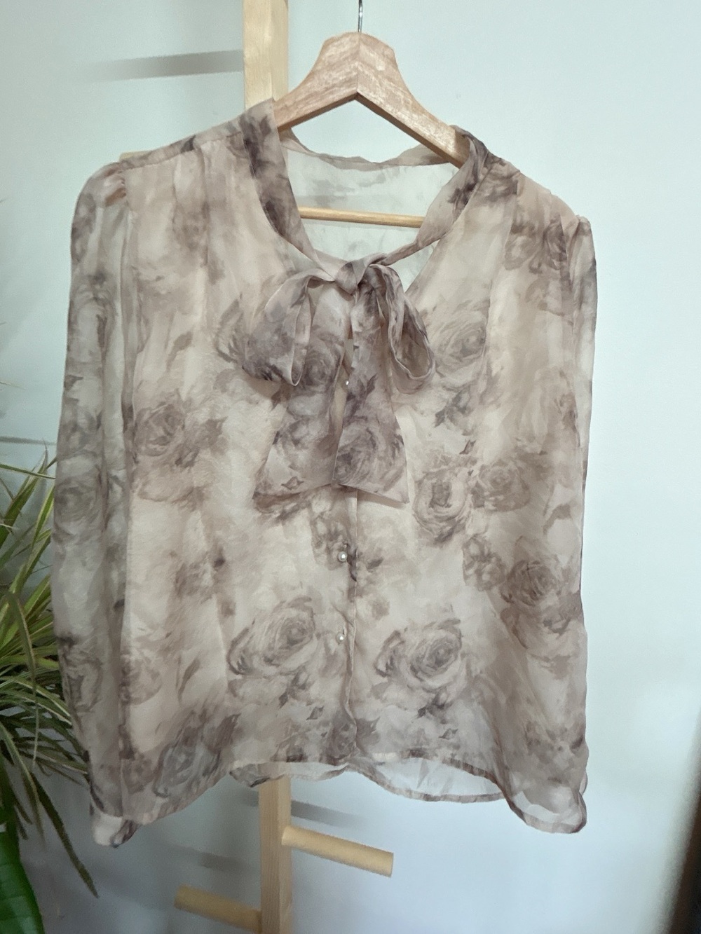 Sheer Floral Rose Tie-Neck Blouse in Taupe